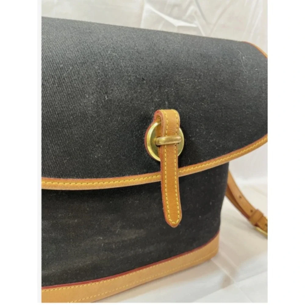 Dooney & Bourke Black Canvas/ Light Tan Leather Medium Flap Crossbody Bag Purse